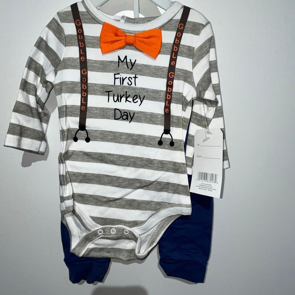 Rene Rofe Baby My First Turkey Day Thanksgiving Outfit Set 6-9 Months Grey Navy